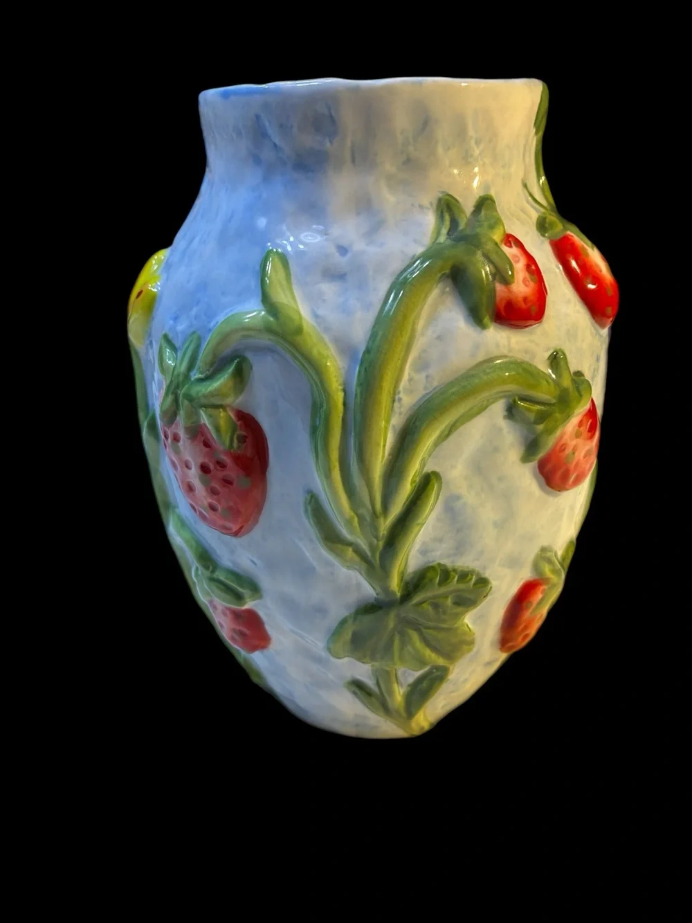 Anthropologie White Vase with Multicolor Floral and Strawberry Motif